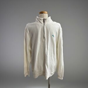 Preppy Tommy Bahama Cream Half-Zip Pullover with Aqua Logo Sz XL
